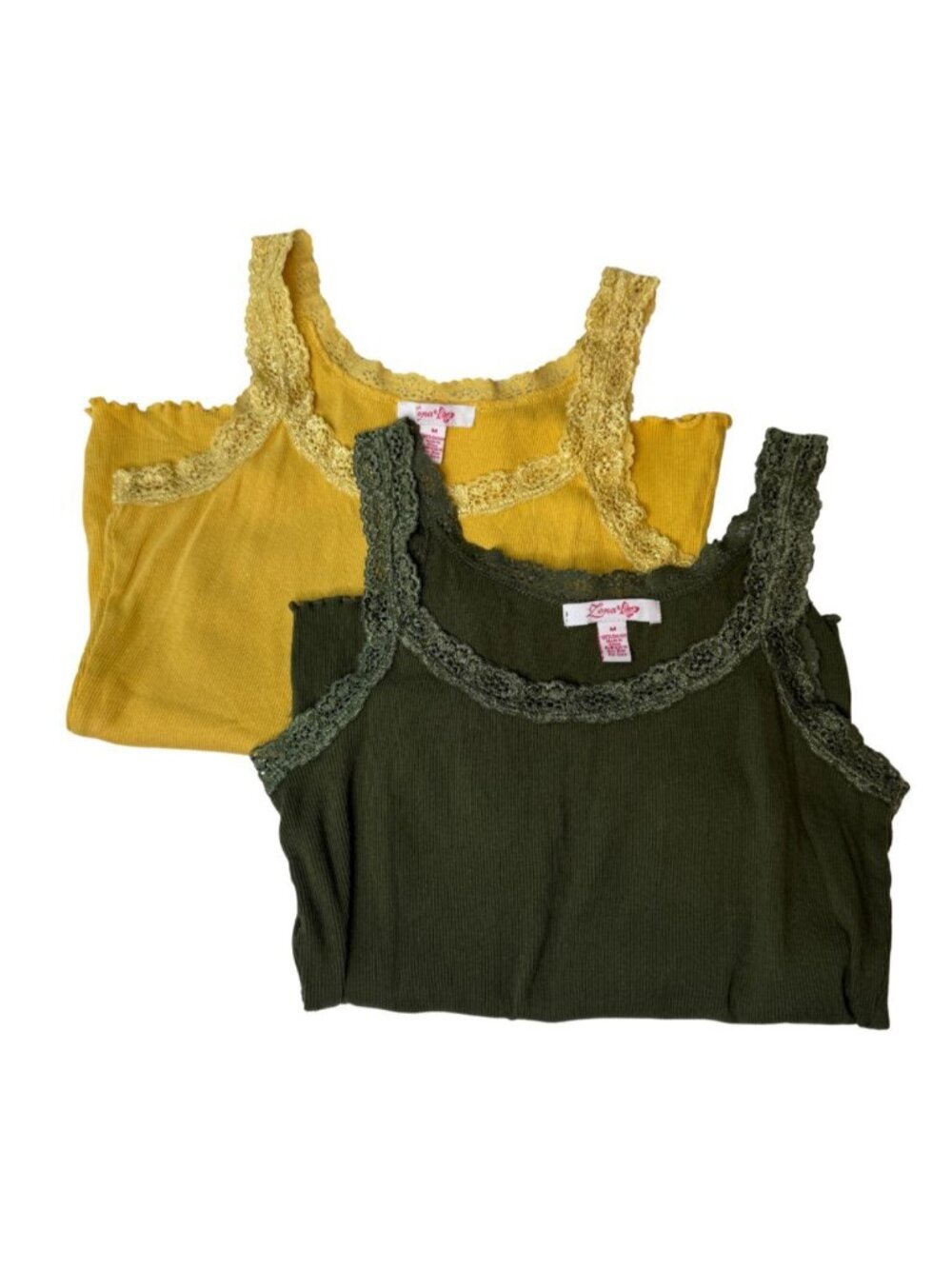 Lena 2 Piece Lace Trim Ribbed Cotton Tank Bundle Medium Y2K